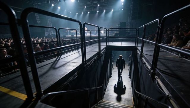 Ascending performer climbing stairway toward illuminated stage at live concert
