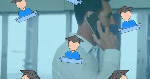Businessman on Phone Surrounded by Graduation Icons