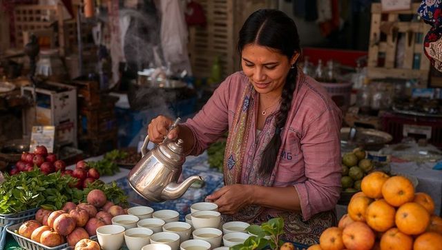 Indian market vendor pouring hot tea from kettle among fresh fruit stall