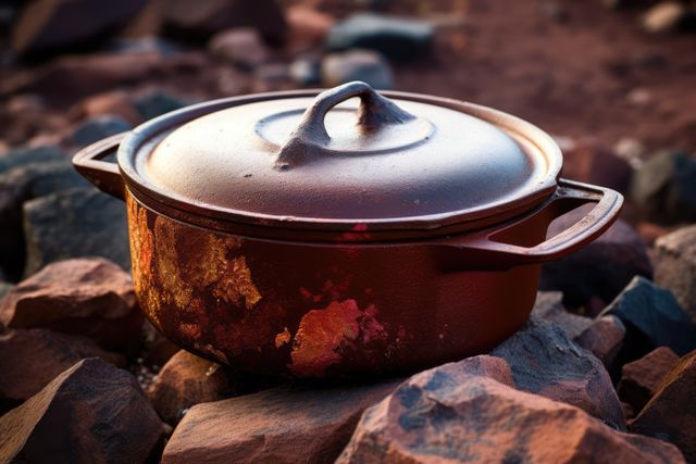 A rusty cast iron pot sits on rocky ground, with copy space. Outdoor cooking enthusiasts often use durable cookware like this for campfire meals.