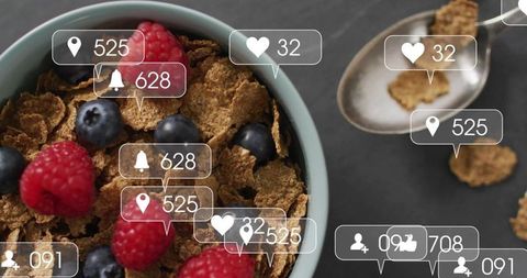 Healthy Berry Bran Cereal with Social Media Overlay Overhead Flatlay