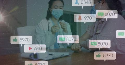 Doctor preparing vaccine vial and syringe while patient waiting with social media icons overlay