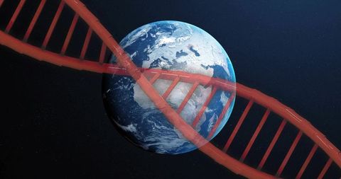 Earth encircled by red dna helix representing global genetics and biotechnology