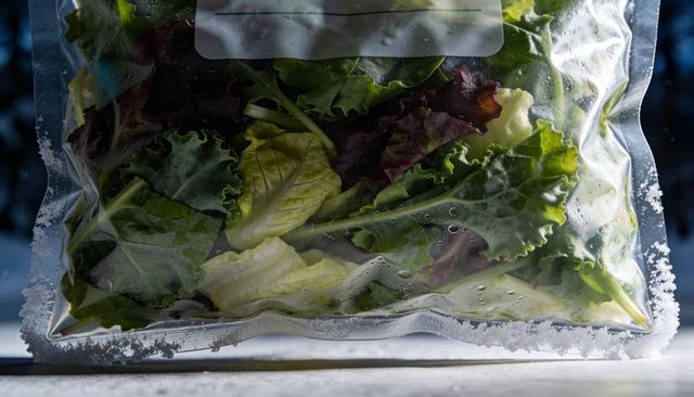 Zip-top bag holding fresh mixed salad greens with condensation and frost on snowy surface