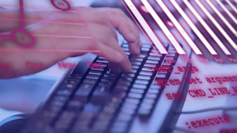 Cybersecurity Expert Hands Typing on Keyboard with Digital Interface Overlay