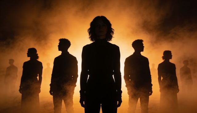 Silhouetted ensemble standing in fiery backlight with fog and dramatic theater mood