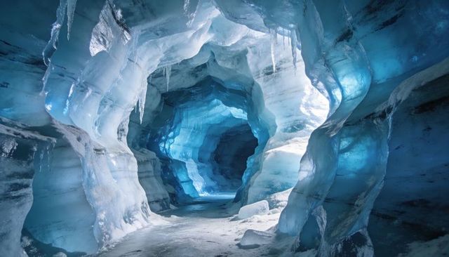 Revealing blue glacier cave winding ice passage with icicles, crystal walls, subterranean glow
