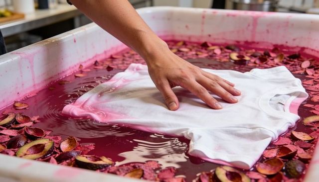 Hand dipping white t-shirt into magenta plum dye bath, pressing for tie-dye effect