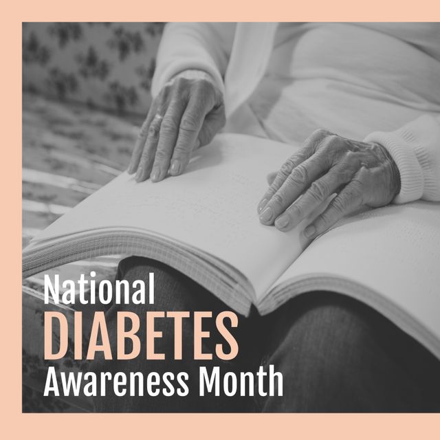 Promote National Diabetes Awareness Month with this focus image of a senior woman engaged with braille materials. Ideal for healthcare campaigns, social media awareness posts, educational materials, blog articles, and newsletters centered around diabetes support, information, and outreach efforts, especially highlighting accessibility for individuals with vision impairments.