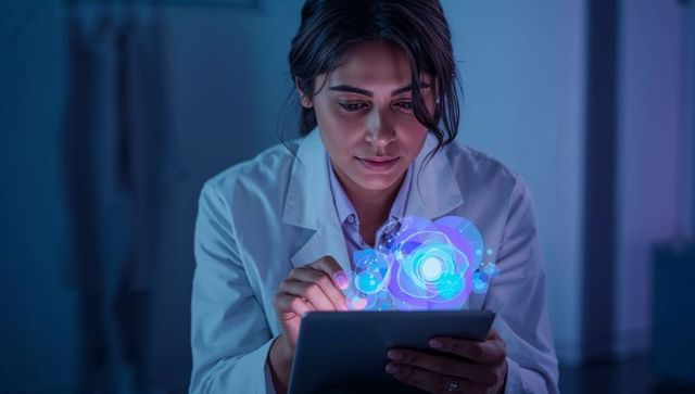 Female scientist studying holographic visualization on tablet for clinical ai research