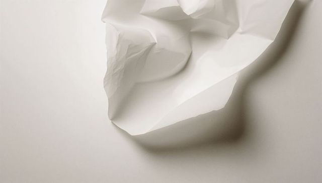 Crumpled white paper with shadow on smooth tabletop