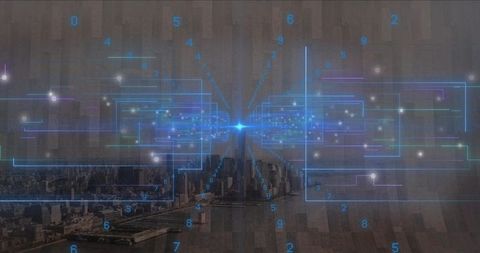 Neon Data Burst Over Waterfront Cityscape With Futuristic Circuit Overlay