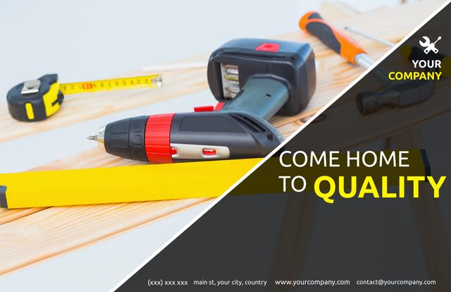 Advertisement showcases precision tools, such as a drill, measuring tape, and hand tools, promoting the quality of home improvement and construction equipment. Ideal for use by hardware stores, contractors, or retailers specializing in construction and DIY materials. Can be used for marketing campaigns, catalogs, and promotional materials aimed at DIY enthusiasts and professional builders.