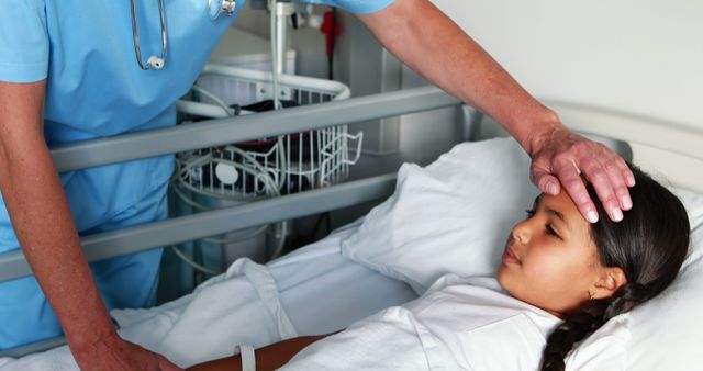 Nurse Caring for Sick Child in Hospital Bed, Checking Temperature - Download Free Stock Images Pikwizard.com