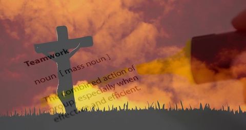 Torch Beam Cutting Teamwork Text Lighting Cross Silhouette on Meadow Horizon at Sunset
