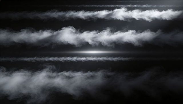 Floating mist bands with central glow and horizontal light streaks, monochrome abstract