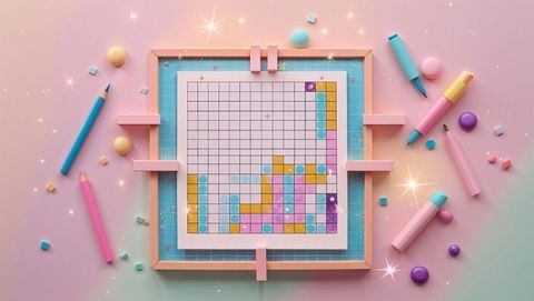 Colorful puzzle grid on artistic craft desk