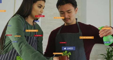 Colleagues Engaging in Urban Gardening with Digital Overlay