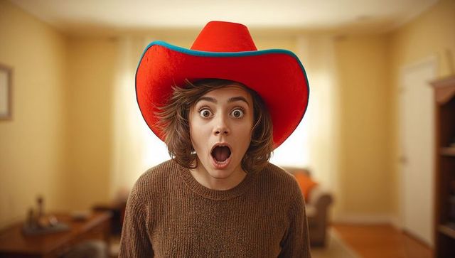 Gasping young woman wearing red cowboy hat showing surprise in cozy living room