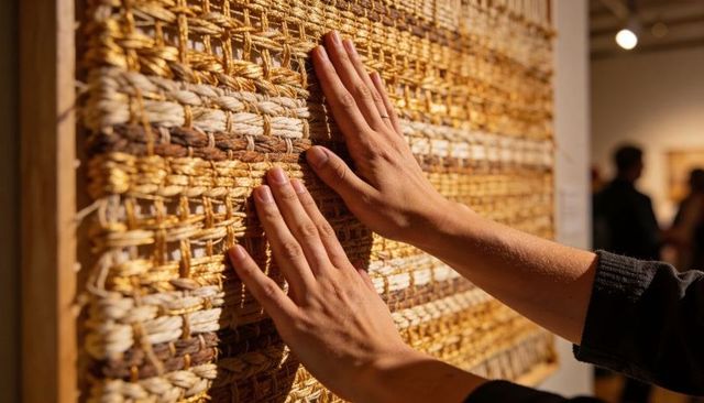 Hands touching woven wall hanging in gallery lighting, tactile fiber art closeup