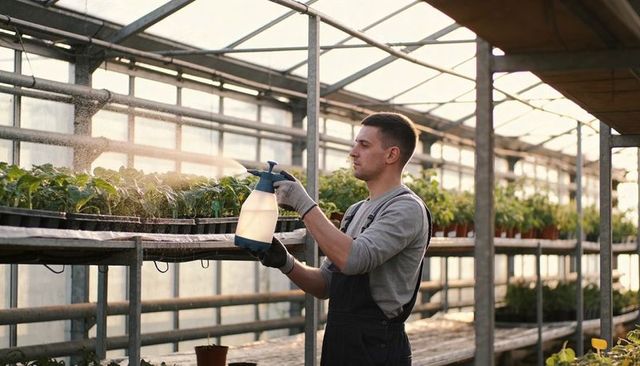 Greenhouse gardener misting seedlings with handheld sprayer during golden hour