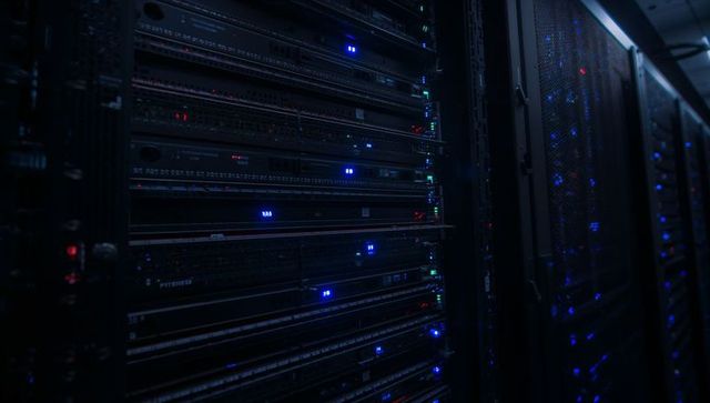 Glowing rack servers humming in dim data center aisle with blue LEDs and network cables