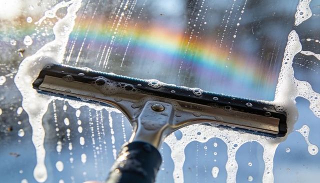 Metal squeegee wiping soapy window while rainbow appears through foam and droplets