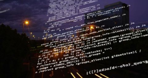 Coding Overlay Illuminating Night Highway with Light Trails and Urban Neon Glow