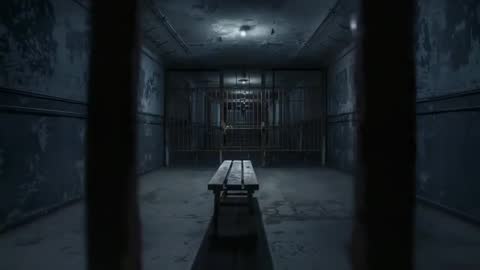 Pulling-back shot revealing solitary bench and barred cells in abandoned holding corridor