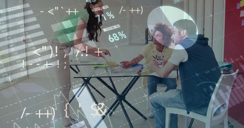 Multicultural Team Collaborating with Financial Graphics Overlay