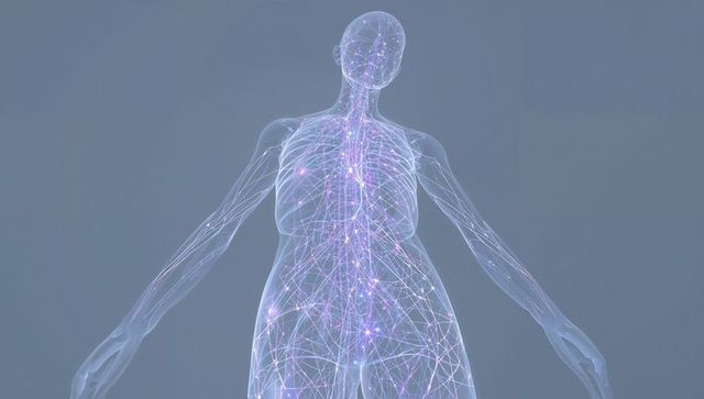 Translucent Human Figure Revealing Glowing Neural Network, Spine and Rib Anatomy, Digital