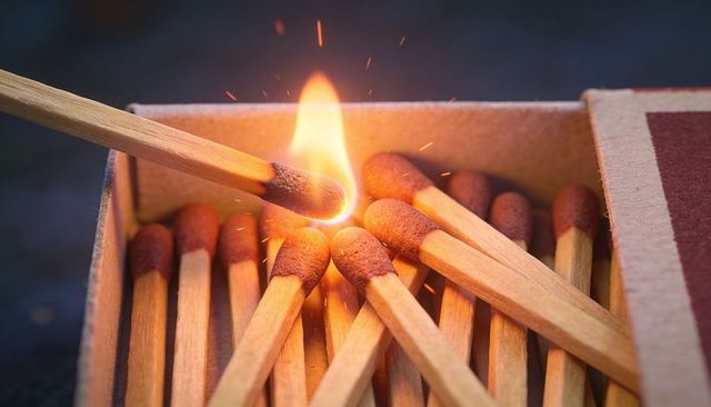 Striking wooden match igniting inside open matchbox closeup producing bright flame and sparks