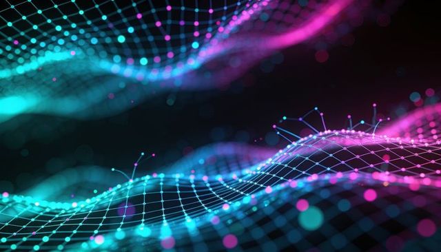 Neon wave data grid pulsing cybernetic wireframe mesh for futuristic digital background