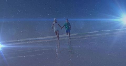 Running Children Holding Hands on Reflective Beach Wearing Sun Hat and Summer Clothes