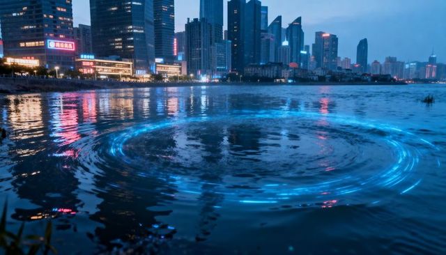 Glowing blue ripple circling urban waterfront at dusk with neon skyline reflections