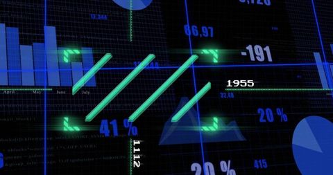 Glowing holographic data dashboard showing neon analytics bars and charts
