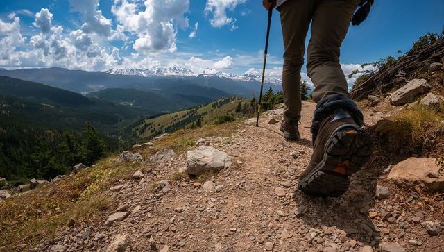 Hiker on Rocky Trail Overlooking Mountain Panorama