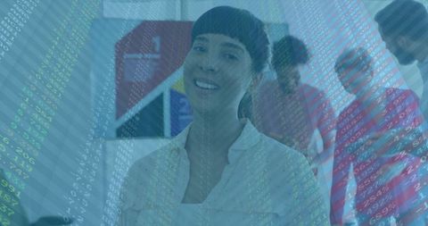 Smiling businesswoman presenting data-driven teamwork with code and chart overlay in office