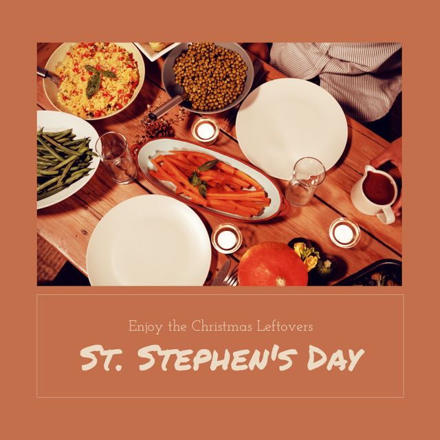 Composition of st stephen's day text and christmas dinner dishes on table. St stephen's day, boxing day, christmas tradition and celebration concept digitally generated image.