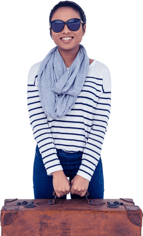 Transparent Travel Ready Woman Holding Vintage Suitcase