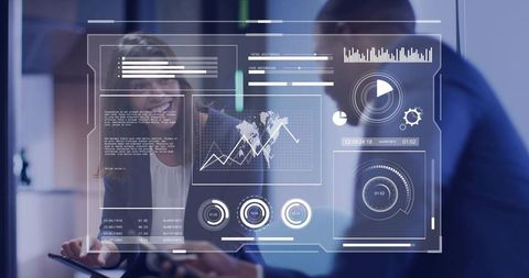 Executives Reviewing Futuristic HUD Dashboard on Tablet with Global Analytics in Office