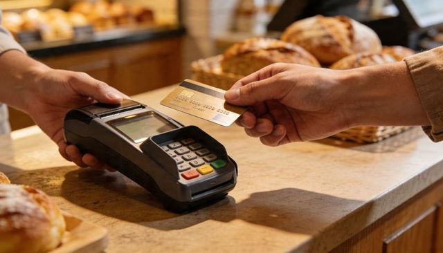 Contactless card payment at bakery counter with pastry display and payment terminal