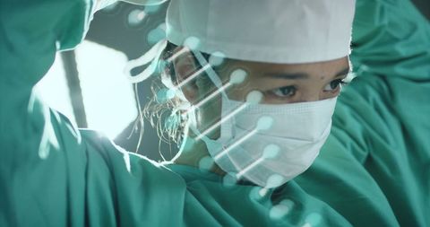 Female surgeon with dna strand in medical environment