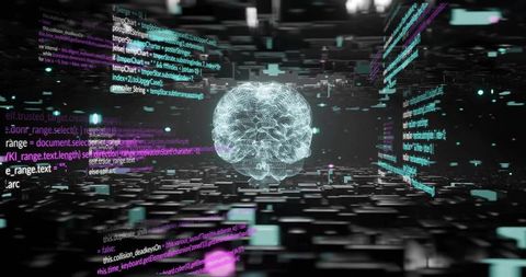 Holographic brain network surrounded by floating code fragments representing ai processing