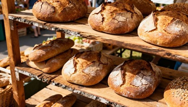 Displaying rustic sourdough and baguette loaves on wooden market shelves, sunny outdoor