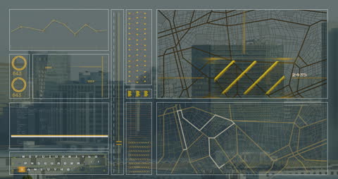 Futuristic UI with Data Processing Over Cityscape Background