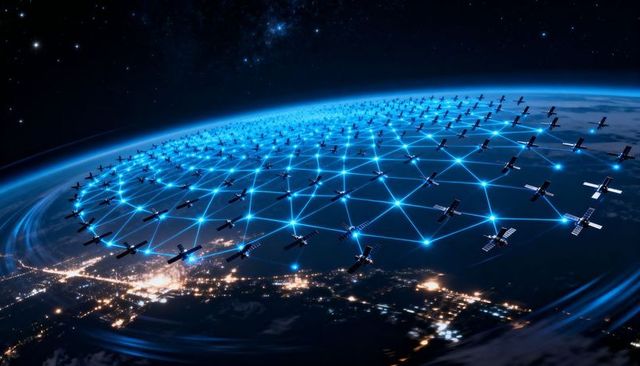 Global satellite constellation creating glowing cyan mesh over night earth for connectivity