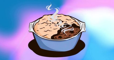 Steaming casserole on pastel backdrop