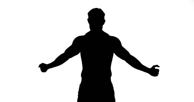 Silhouette of shirtless muscular man flexing his arms and showcasing his physique in front of white background. This image can be used for fitness brands, bodybuilding promotions, strength training programs, motivational posters, and athletic wear advertisements.