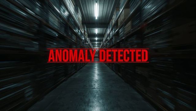 Anomaly detected alert across warehouse aisle with motion blur and futuristic security